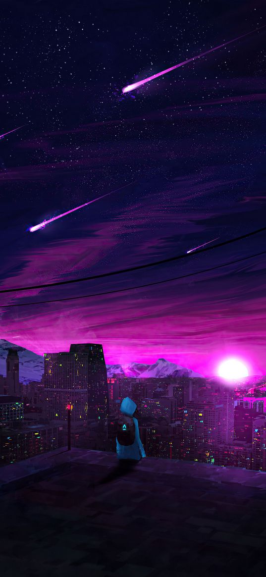 boy, city, night, pink, stars