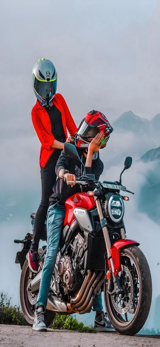 honda, bike, motorcycle, red, couple