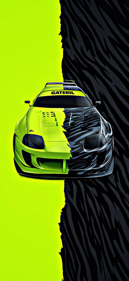 sports car, car, green, zebra, neon, digital art