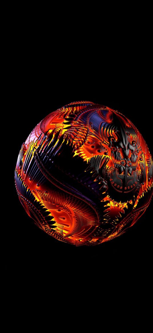 ball, flame, lava, dragon, black background, digital art