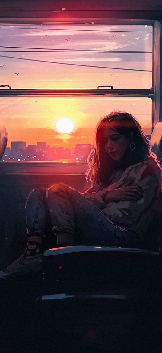 girl, art, alone, sunset, bus