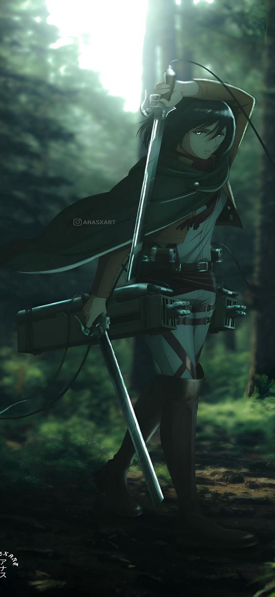 mikasa, attack on titan, anime, sword, green