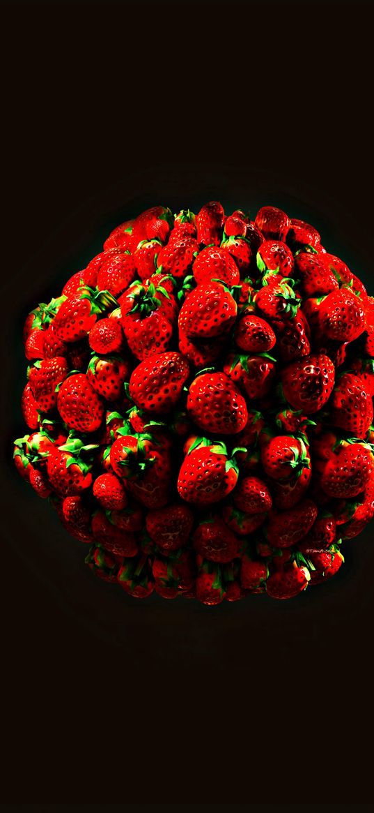 ball, strawberries, berries, bright, saturated, brown background, digital art