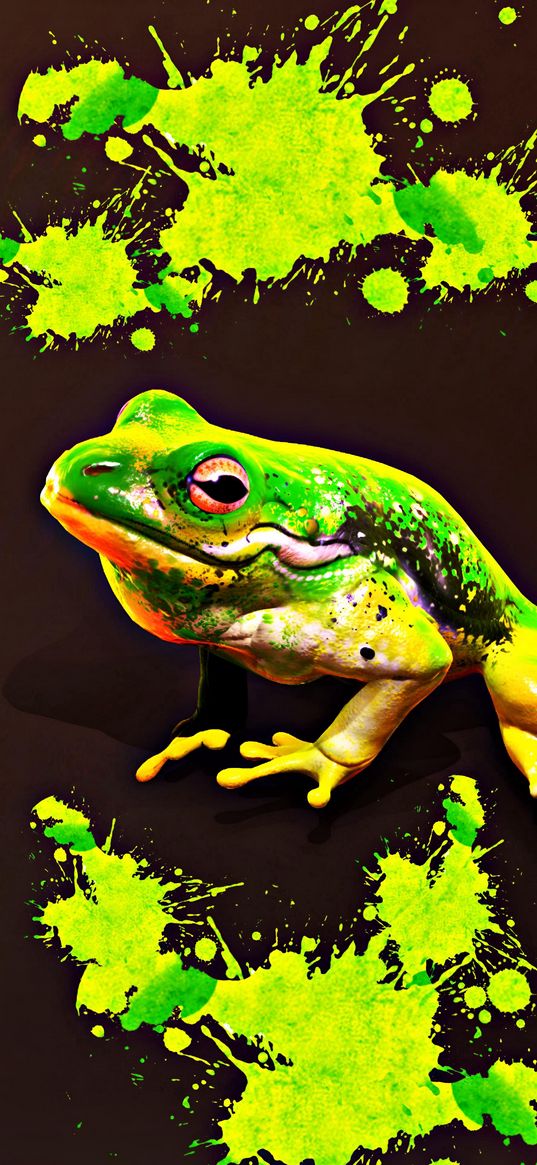 frog, toad, green, yellow, splashes, neon, dark background, digital art