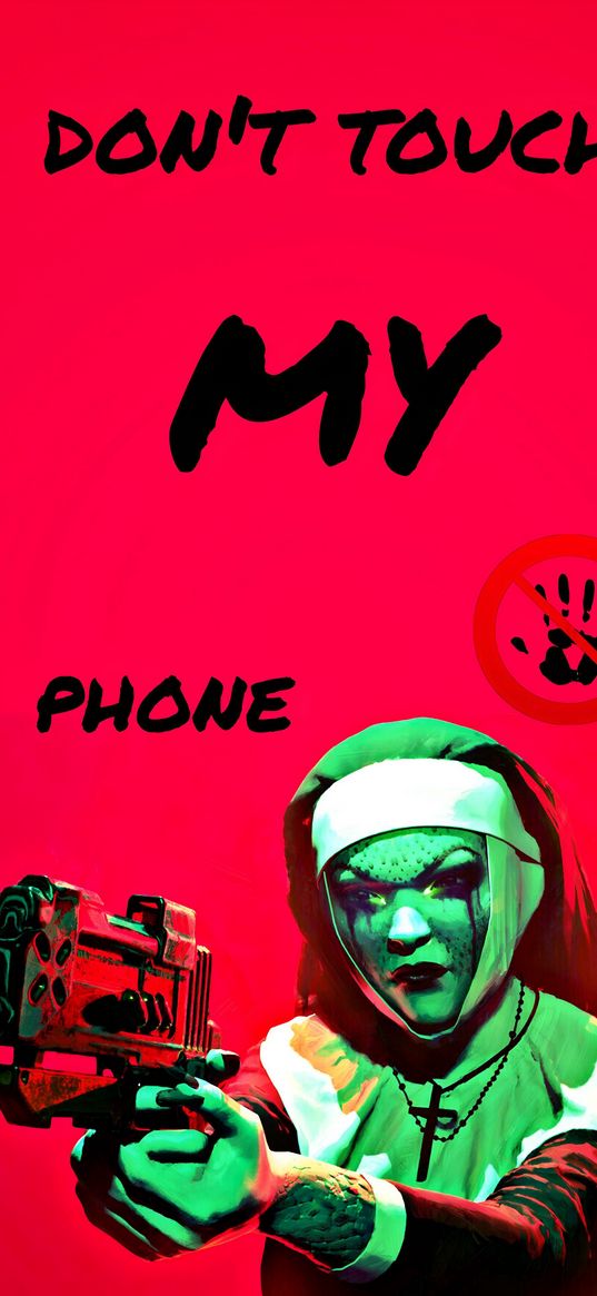 inscription, phone, weapon, nun, red background, bright, saturated