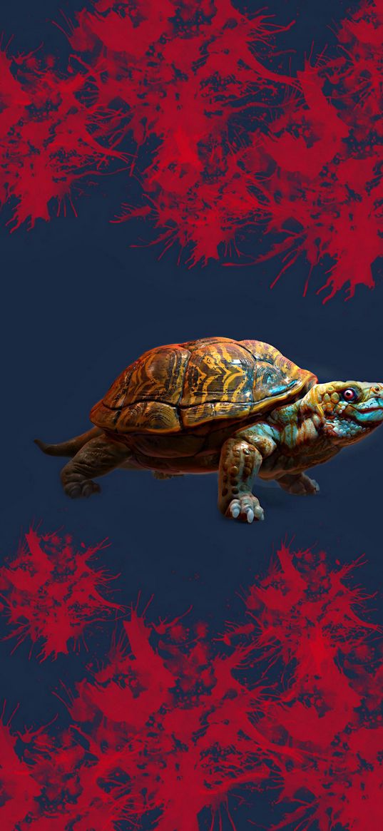 turtle, splatter, paint, red, blue background, digital art