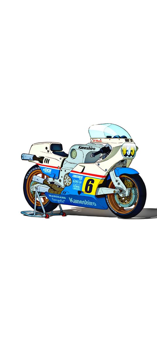 motorcycle, white, blue, figure, graphics, art