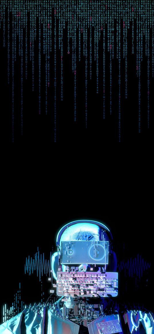 robot, portrait, keyboard, letters, numbers, black background, neon, digital art