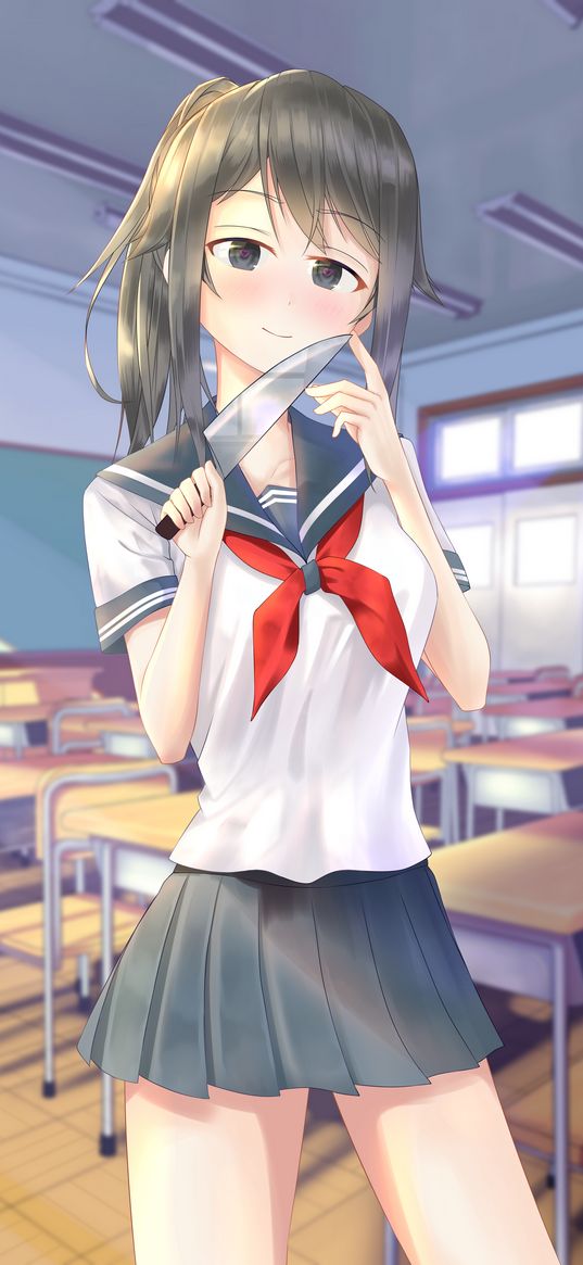 girl, smile, blush, knife, anime