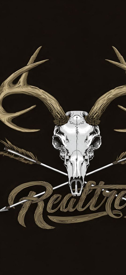 skull, horns, inscription, brown background, art