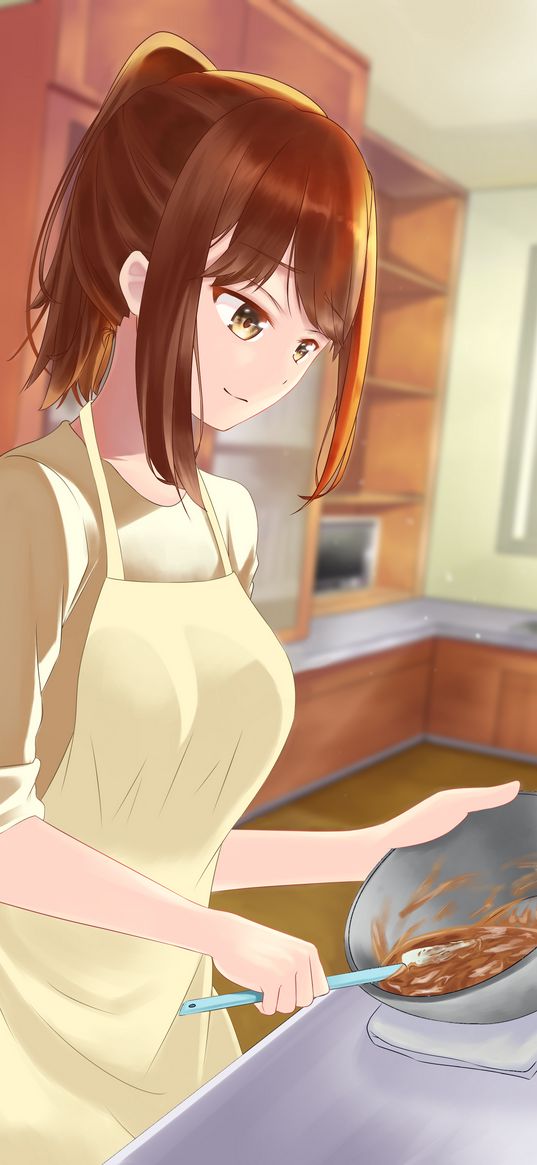 girl, apron, kitchen, anime