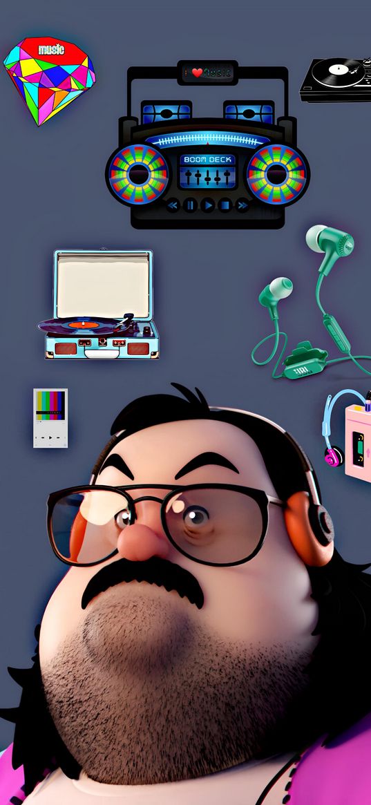 man, headphones, mustache, glasses, player, tape recorder, music, digital art