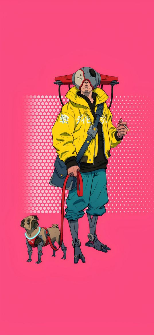 boy, helmet, dog, fantasy, pink background, art