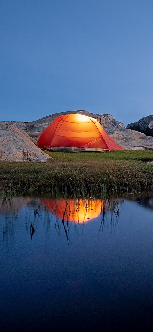 tent, camping, stones, pond, reflection, nature