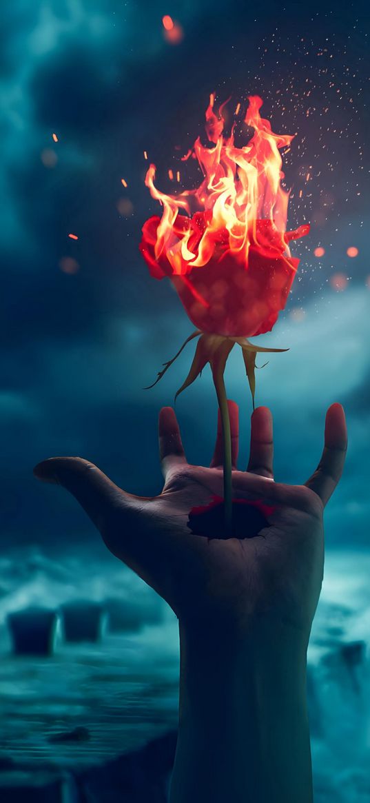 hand, fire, rose, flower, water