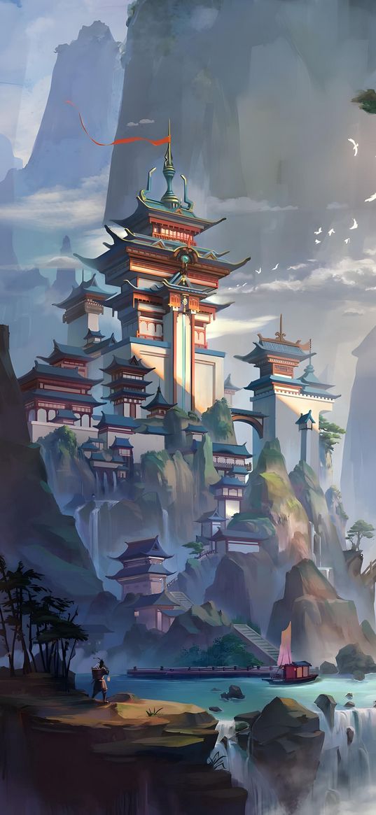 temple, asia, mountains, waterfall, art