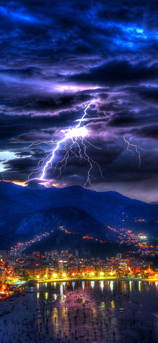 sea, city, lightning, thunderstorm, clouds