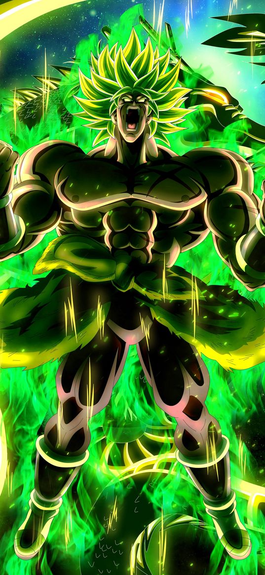 broly, ultra saiyan, green power, rage, dragonball, anime