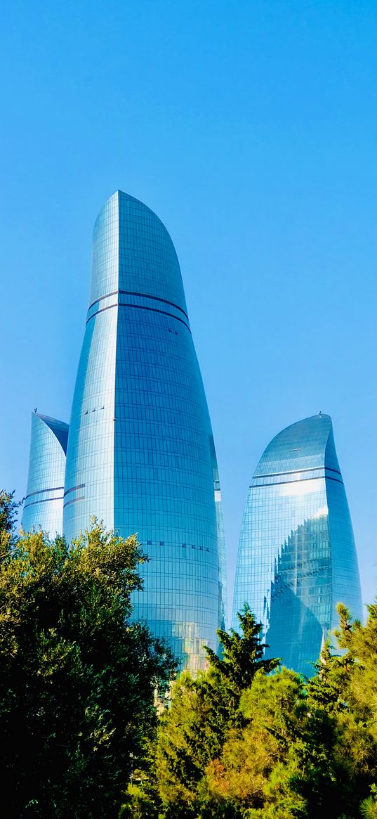 baku, azerbaijan, flame towers, city, beautiful, skyscraper, blue, sky, trees