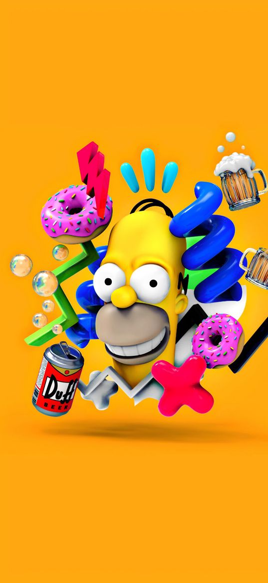 homer simpson, the simpsons, head, donuts, jar, mug, yellow background, digital art