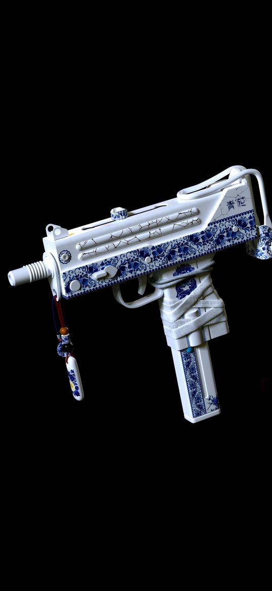 uzi, weapons, white, gzhel, painting, ornament, black background