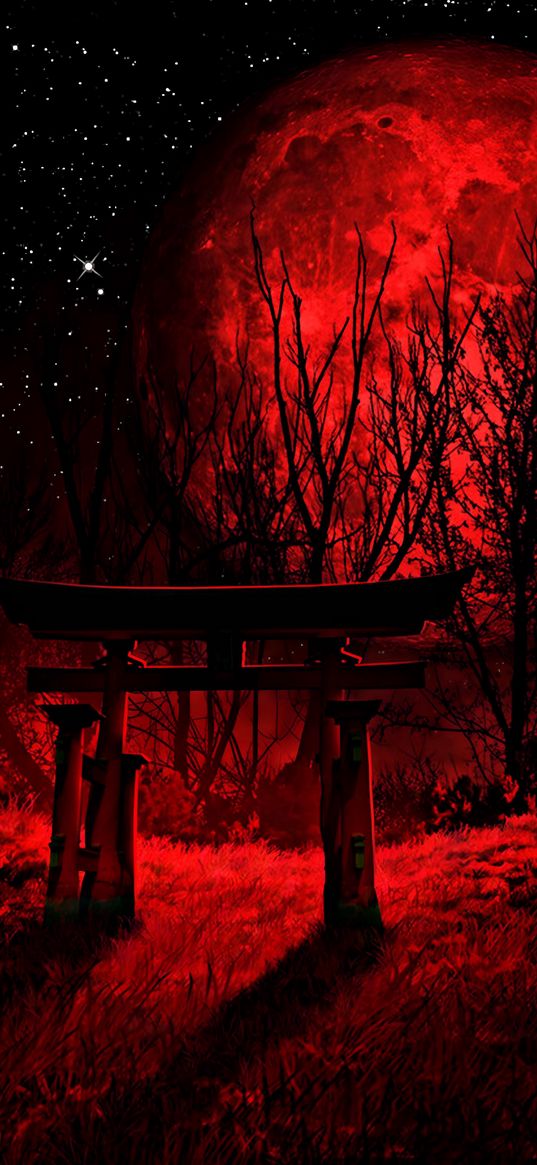 torii, gate, forest, moon, red, stars, digital art