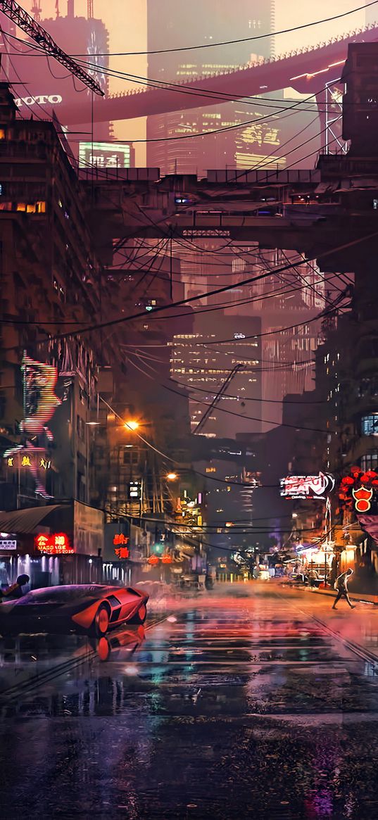 street, car, advertising, signage, night, cyberpunk, megapolis, city, future, art