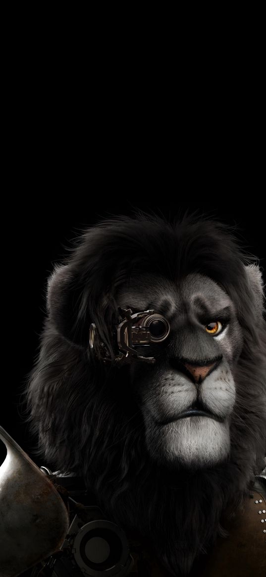 lion, armor, monocle, black background, digital art