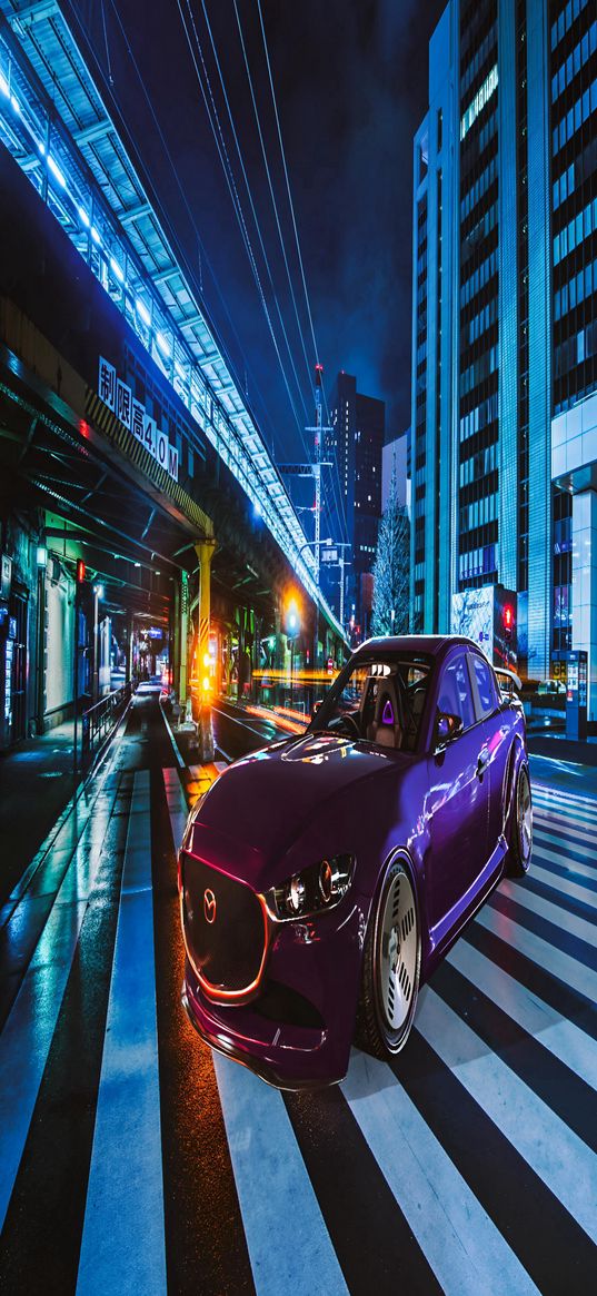 mazda, car, purple, street, city, night, digital art