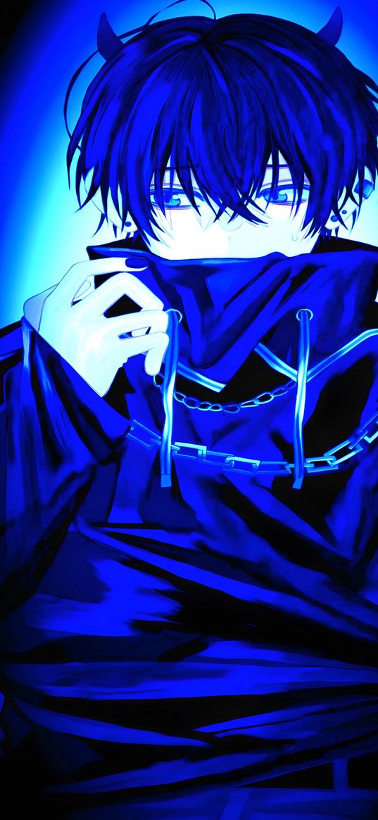 guy, horns, chain, blue, glow, anime