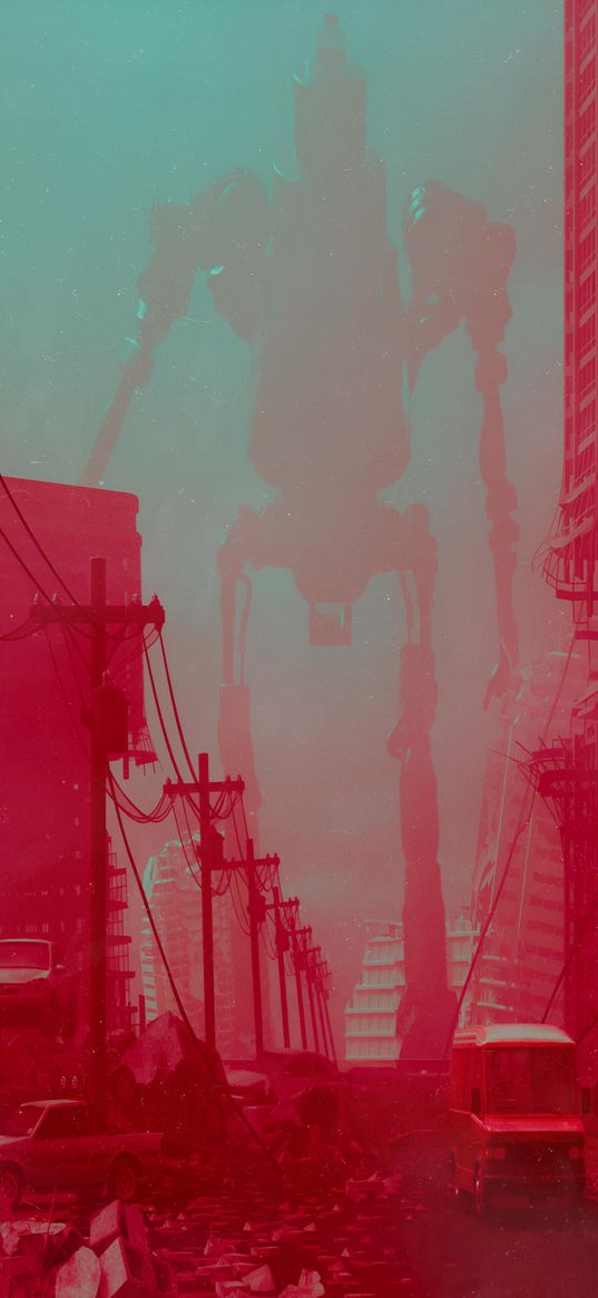 robot, car, city, street, pink light, fantasy, digital art