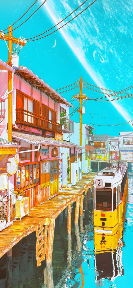 city, home, on the water, tram, fantasy, digital art