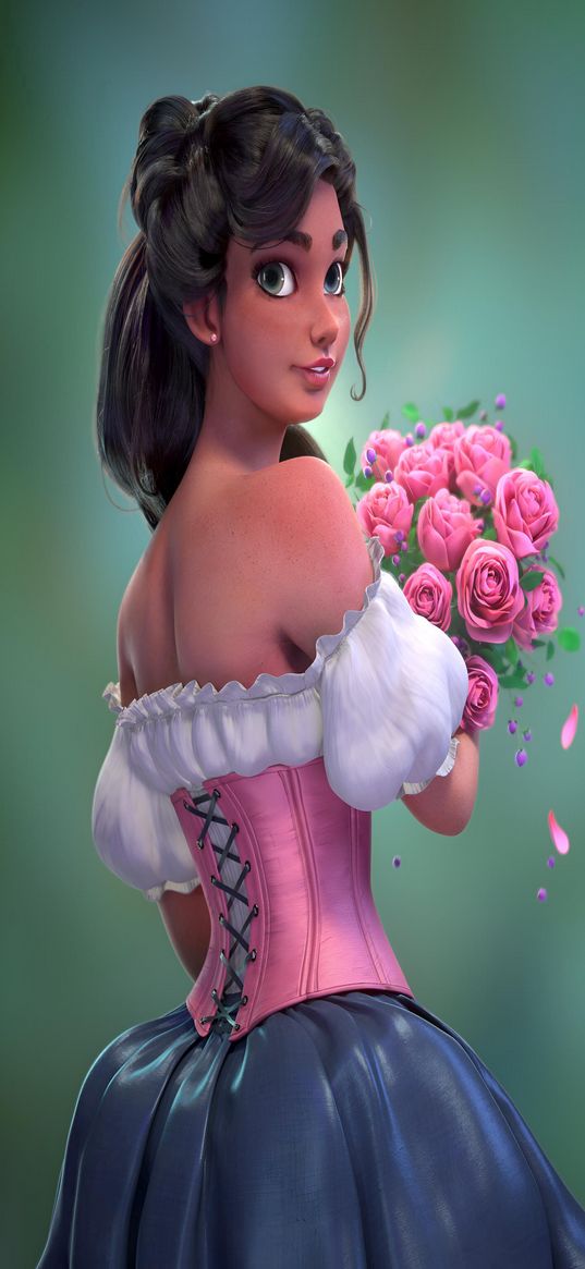 girl, brunette, fluffy dress, bouquet, roses, graphics, digital art