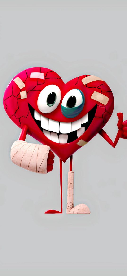 heart, gypsum, bandage, bruise, smile, humor, digital art