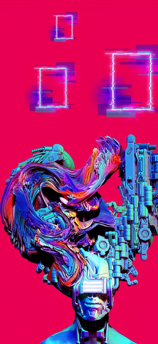 head, robot, heart, weapons, stains, frames, neon, pink background, digital art