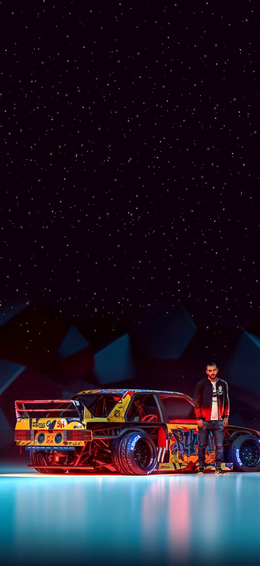 car, bright, colorful, guy, starry sky, graphics, digital art