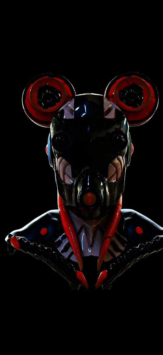 mickey mouse, mouse, cyber, robot, mask, black background, digital art