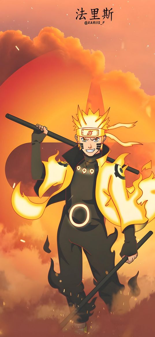 naruto, uzumaki, fire, pink sky, character