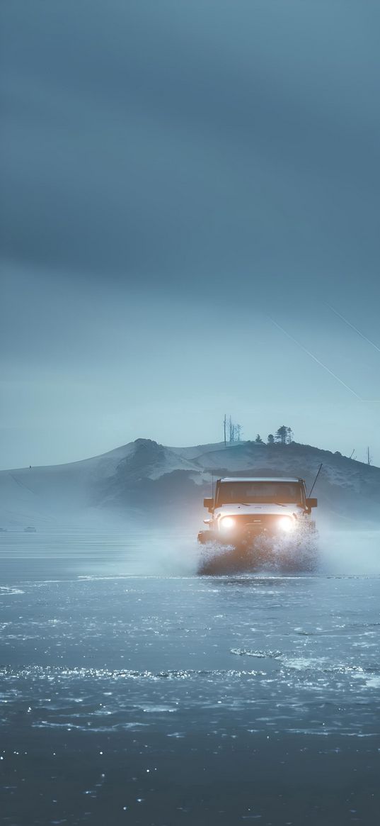 jeep, off-road, water, lights, fog