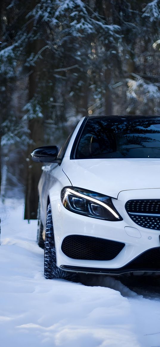 mercedes, car, winter, forest, white