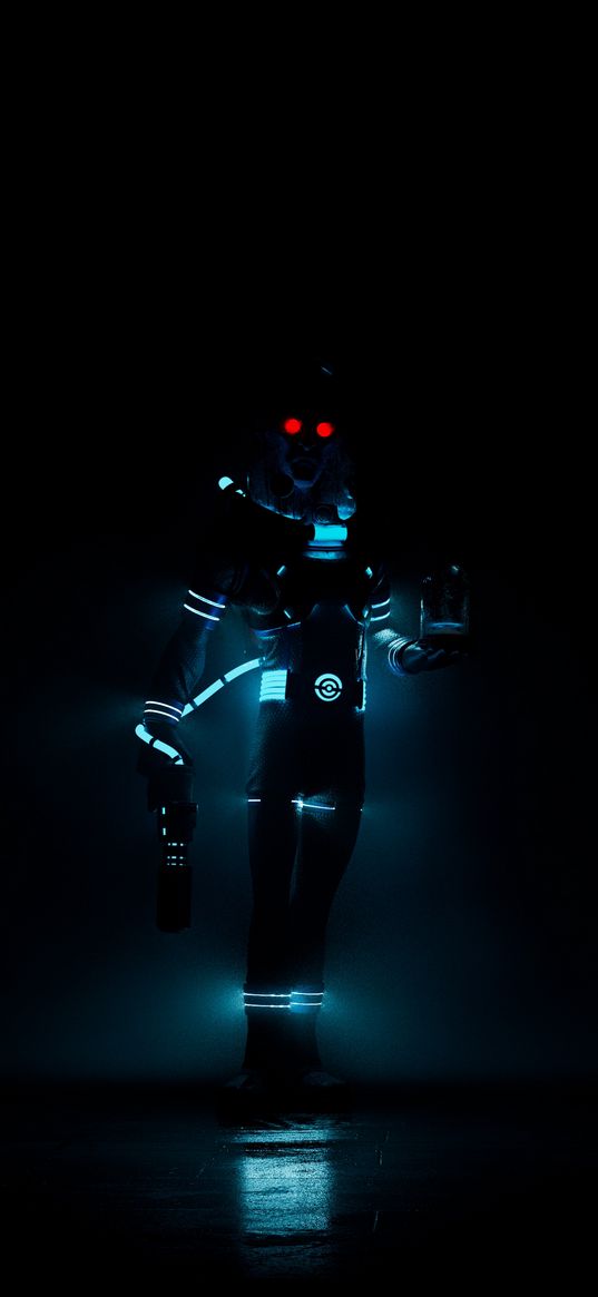 robot, silhouette, neon, red eyes, dark background, digital art