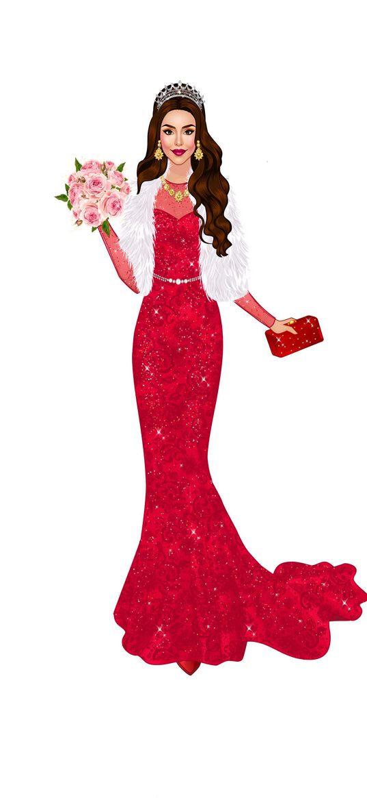 girl, doll, barbie, red dress, crown, bouquet, digital art