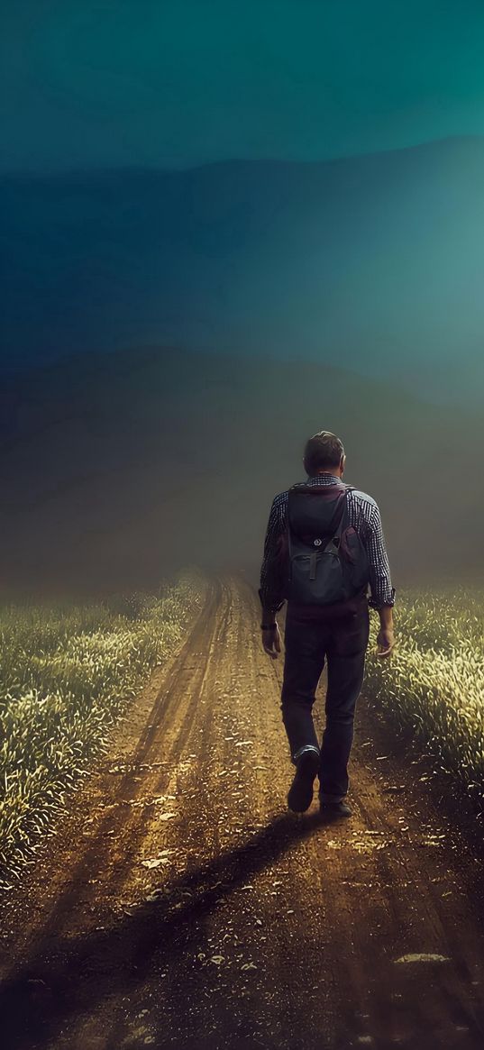 alone, man, road, field, backpack