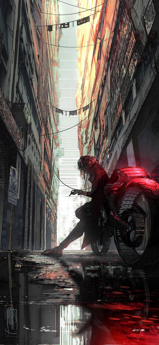 motorcycle, character, mask, street, puddle, graphics