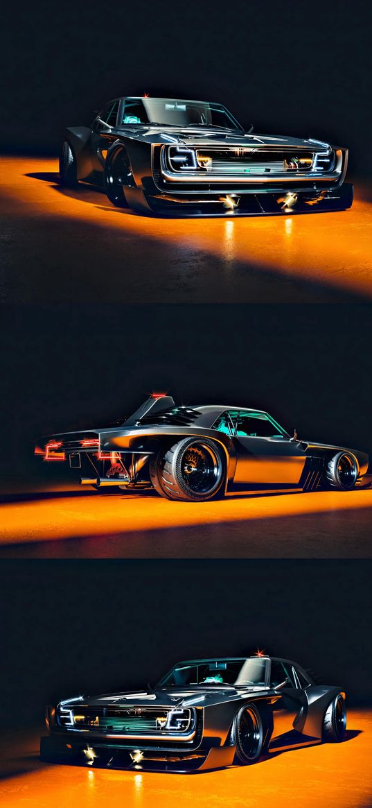 car, silver, orange light, black background