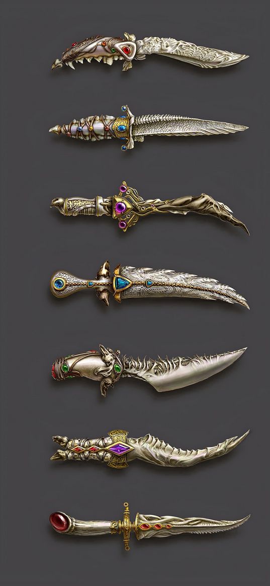 knife, weapons, gold, stones, gray background