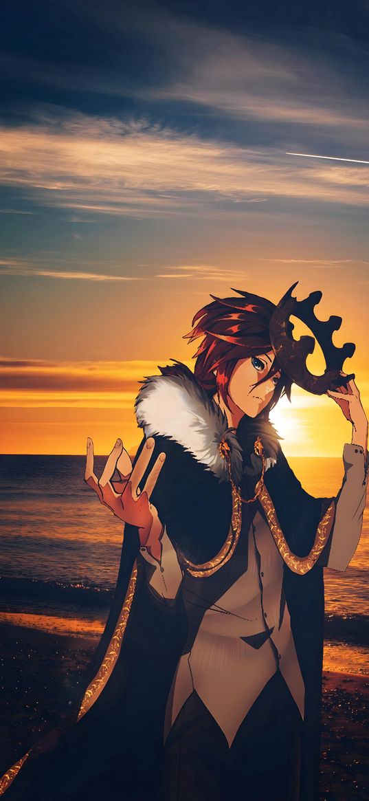 arthur leywin, the beginning after the end, anime, guy, crown, sea, sunset, art