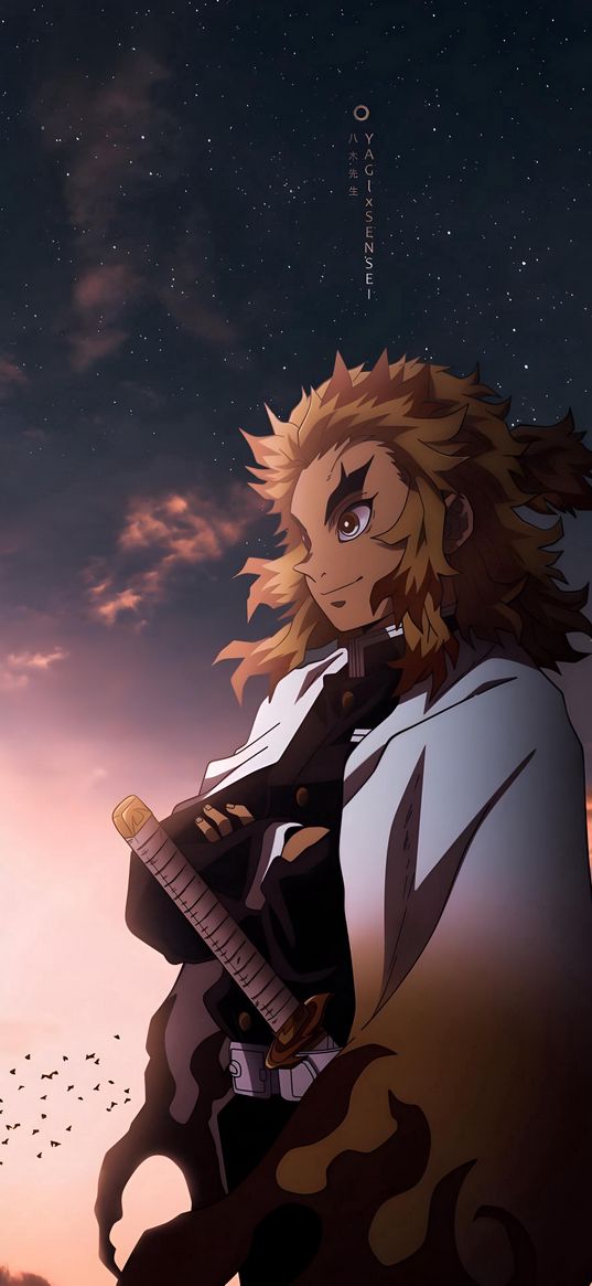 kejuro rengoku, demon slayer, anime, guy, katana, sunset