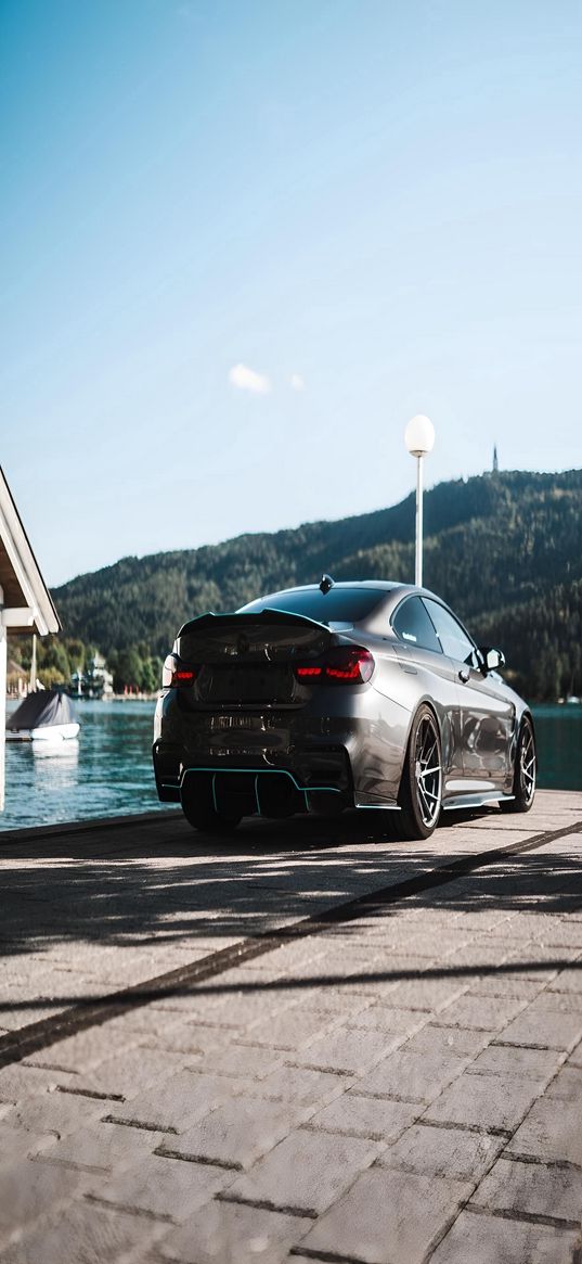 bmw m4, bmw, car, gray, embankment, river, mountains, lantern, paving stones, rear view