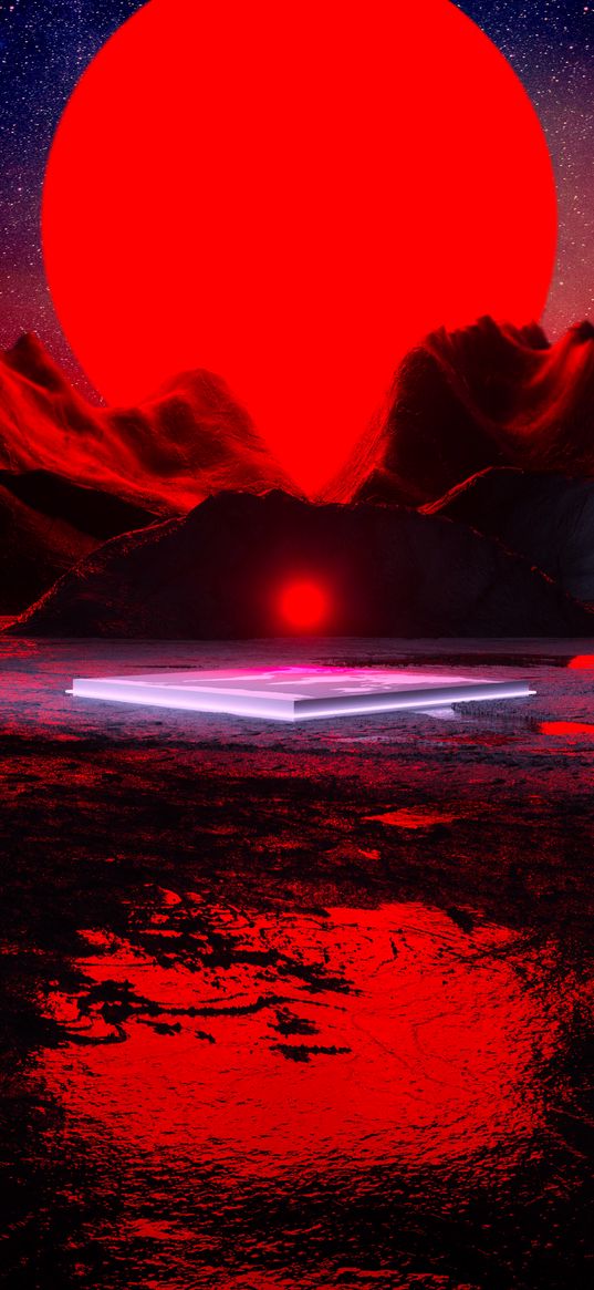 platform, square, mountains, sun, red, stars, digital art